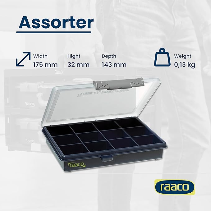 Raaco Assorter Tool Box Organizer – Compact – 12 Slots Fixed Grid with Semi-Transparent Lid, Polypropylene (PP) Storage Box for Screws, Nuts and Bolts, Small Parts & Hardware (Assorter 6-12)