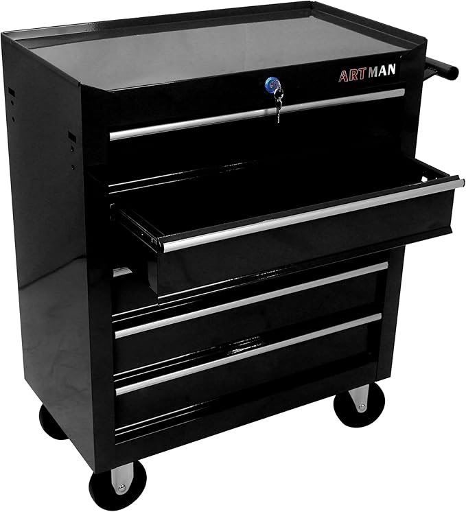YOPTO Multifunctional Cart with 5 Ball-Bearing Drawers,Portable Rolling Tool Chest W/ 4 Wheels,Key Locking and Pull Handle,for Garage,Warehouse,Workshop,Repair Shop,Black