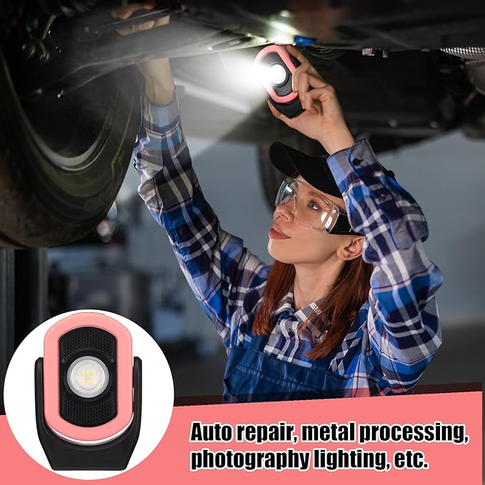 Retisee 2 Pack 780 Lumens Magnetic Work Light USB Rechargeable LED Flashlight Portable Inspection Light for Car Repair Emergency Lighting Mechanics Workshop (Pink-2PK)