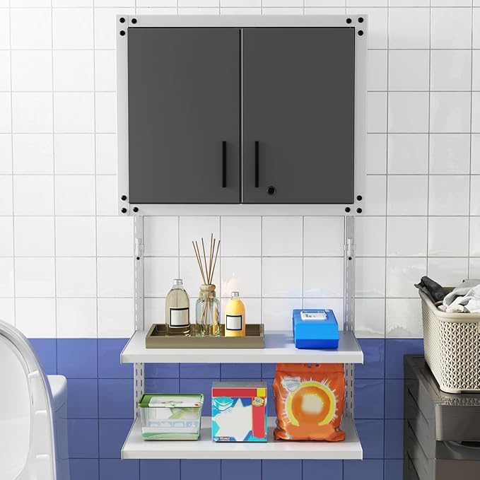 Goplus Garage Wall Cabinet, Metal Wall Mounted Tool Storage Chest with 3 Adjustable Shelves, Lockable Doors, Keys, Hanging Tool Cabinet for Workshop, Basement, Kitchen