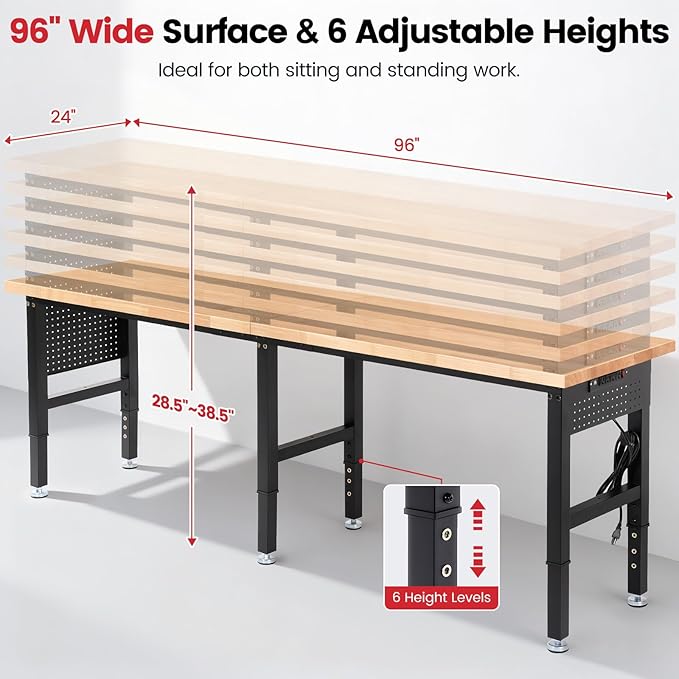 ENJOYWOOD Work Bench 96 Inch Heavy Duty Work Table with Power Outlets & Extended Pegboard Adjustable Height 5000 Lbs Load Capacity Workstation for Garage, Workshop, Home, Office