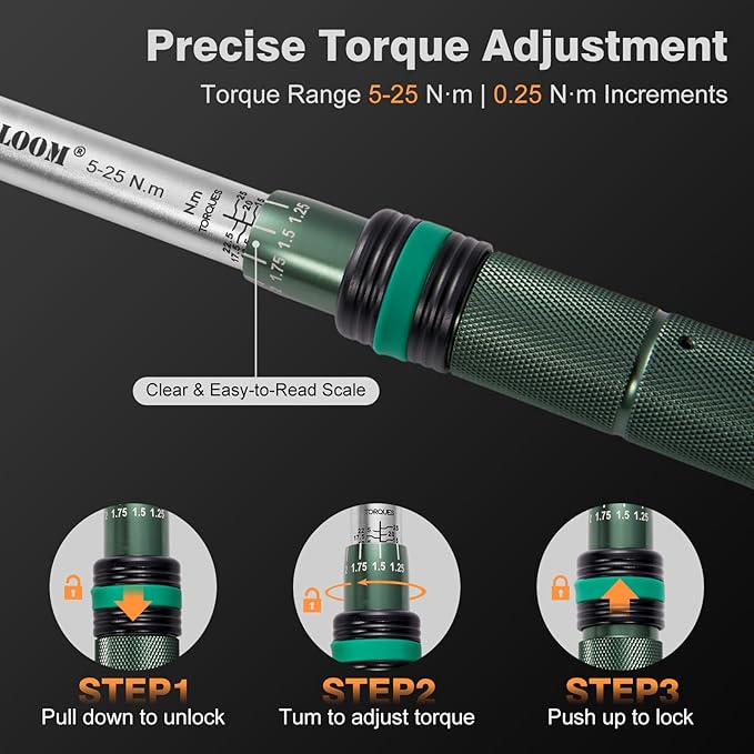 1/4-Inch Torque Wrench, 5–25 N·m, 15-Piece Click Bike Torque Wrench Set with Bits and 4-Inch Extension Bar, Dual-Direction, 0.25 N·m Increments, ±3% Accuracy for Bicycle Maintenance