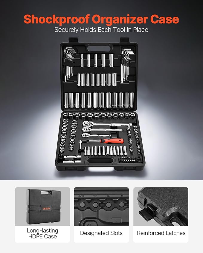 VEVOR Socket Set, 149 Pieces, 3/8 & 1/4 & 1/2 inch Drive Socket and Ratchet Set, SAE and Metric, Deep and Shallow, Mechanic Tool Kit with Bits, Accessories, Storage Case, CR-V Alloy Steel, for Repair