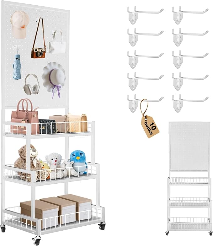 NectaCol Pegboard Panels, 3-Tiers Metal Pegboard Display Stand with Peg Board Panel, Standing Pegboard Display Rack, Craft Show Display, Art Display and Retail Display Stand with 10 Hooks - White
