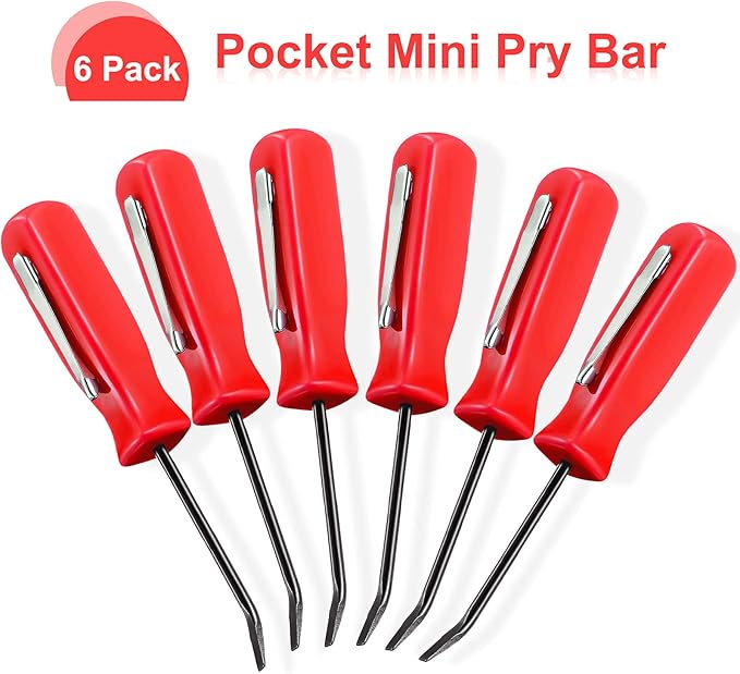 6 Pieces Mini Pocket Pry Bar with Clip Mini Pry Bar Set 4.5 Inch Length for Home Office Car Repair Gadgets Mechanics Electricians Technicians (Red)