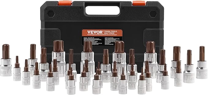 VEVOR Torx Bit Socket Set, 34-Piece Solid Star and Tamper Proof T6-T70, S2 Alloy Steel and Cr-V Steel, 1/4 in, 3/8 in, and 1/2 in Drives, with Enhanced Storage Case, Torx Sockets for Hand Use