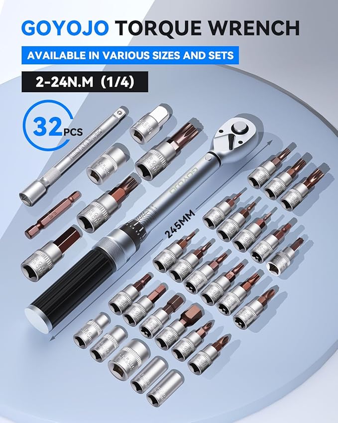 GOYOJO 32-Piece 1/4" Torque Wrench Set 1.5–17.7 ft-lbs/2–24 N.m, Chrome Vanadium Steel, Includes 1/4" & 3/8" Sockets, 4-Inch Extension - Versatile for Automotive, Cycling & DIY
