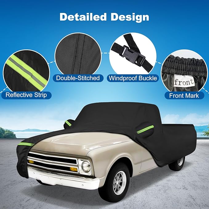QUNSUNUS Car Cover for Chevrolet C10 C20 K10 K20 1960-1991 Standard Cab 6.5Ft Short Bed, Waterproof C10 Truck Cover with Zipper, Car Covers All Weather with Wind, Sun, UV and Dust Protection