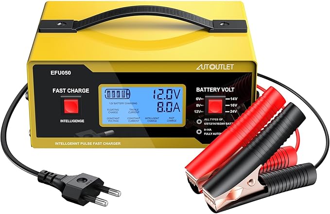 AUTOUTLET Upgraded 6/8/12/14/16/24V Battery Charger Automotive Smart Car Battery Charger and Trickle Maintainer 0-14A Fully Automatic with Cable Clamps