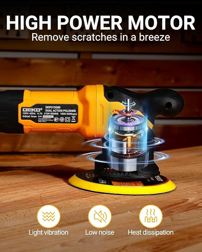 Car Buffer Polisher: 6 Inch Dual Action Orbital Buffer Polisher, 7 amp, 6 Variable Speed 1800-5500 RPM Random Polisher Kit with 4 Buffing Pads for Car Detailing Polishing Waxing DEKOPRO(Yellow)