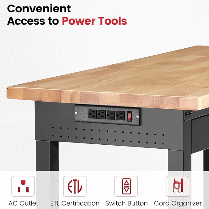ENJOYWOOD 48" x 24" Heavy Duty Workbench Adjustable Height Garage Work Table with Solid Rubberwood Top, Drawer & Power Outlets for Workshop, Home & Office