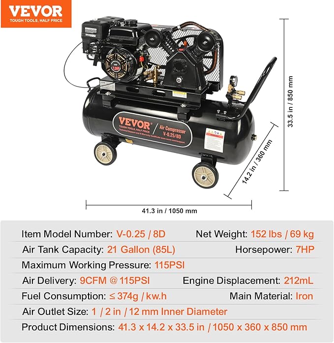 VEVOR 7HP Gas Powered Air Compressor, 21 Gallon Horizontal Air Compressor Tank with Wheels, 9CFM@115PSI Gas Driven Piston Pump Air Compressed System for Workshop Tire Inflation, Spraying, Nailing