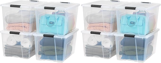 IRIS USA 72 QT Plastic Storage Box with Lid and Latches - 8 Pack - BPA-Free, See-Through Organizing Solution, Durable Nestable Stackable Containers, Secure Pull Handle - Clear