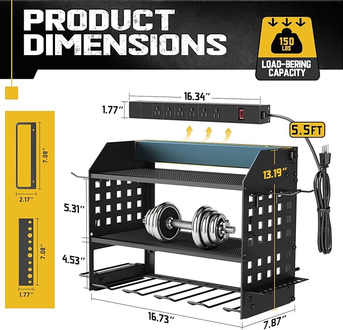 SPACECARE Power Tool Organizer with Charging Station 6 Outlets, 3-Layer Heavy Duty Wall Mount Drill Storage Rack, Cordless Tool with Utility Shelf, Garage Organization and Storage for Workshop- Black
