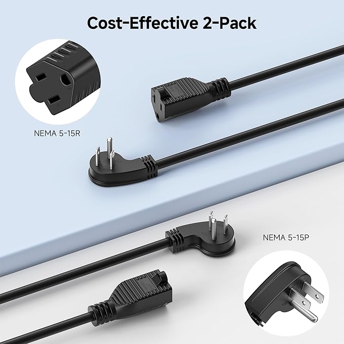 [UL Listed] Cable Matters 2-Pack Low Profile Flat Plug Extension Cord (Power Extension Cable) 15 Feet (NEMA 5-15P to NEMA 5-15R)