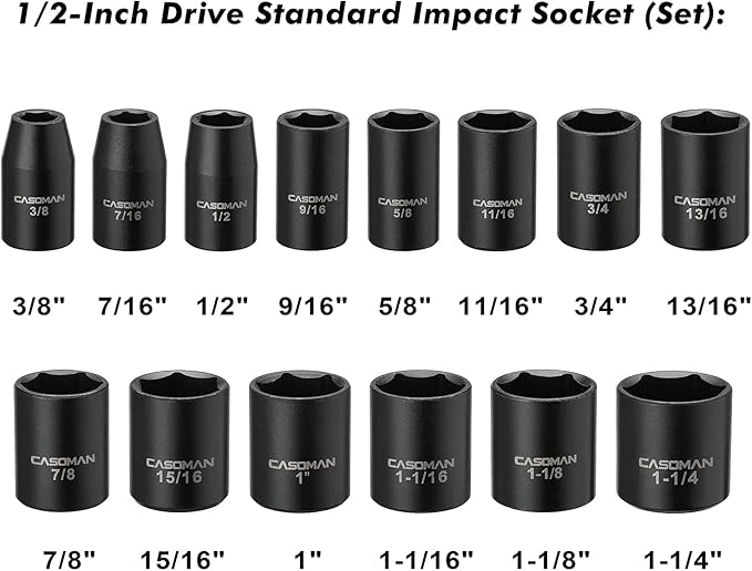 CASOMAN 14 Pieces 1/2-Inch Drive Shallow Impact Socket Set, 6-Point, SAE, 3/8" to 1-1/4"