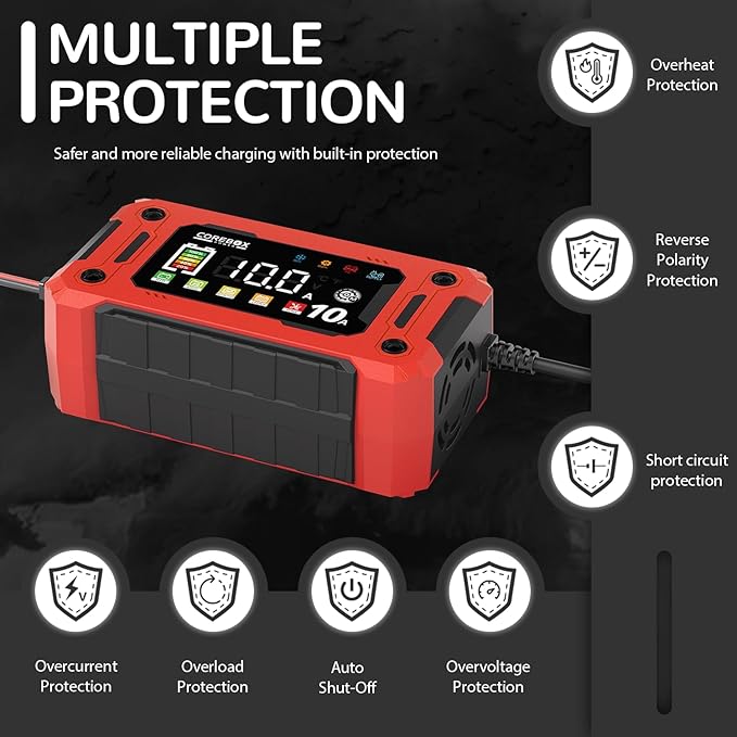 10-Amp Car Battery Charger,Support 1A 6A 0-10A,Trickle Charger for Car Battery 12v,Fast Battery Chargers Automobile 12volt,Smart Lifepo4,AGM,Lithium Battery Chargers for Auto Motorcycle Marine