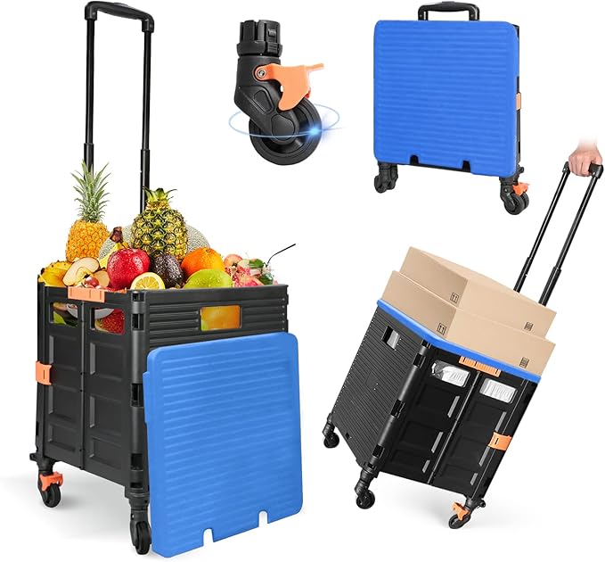 Foldable Utility Cart Folding Portable Rolling Crate Handcart Handcart Shopping Trolley Wheel Box with Lid,360°Rotate Wheels,Heavy Duty Durable Dolly Cart for Teacher Tourist Shopping Office Outdoor