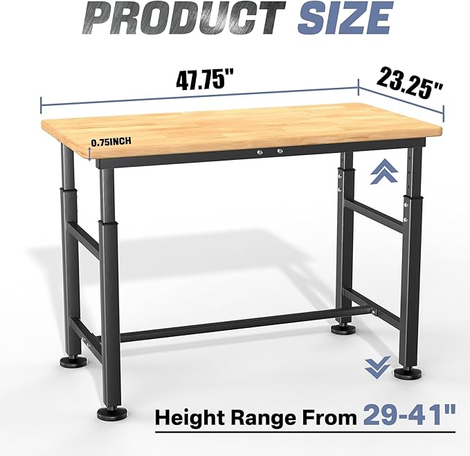 WALMANN Heavy Duty Adjustable Height Workbench 47.75" x 23.25", Rubber Wood Top Work Table for Garage, Workshop, 2000 lbs Load Capacity
