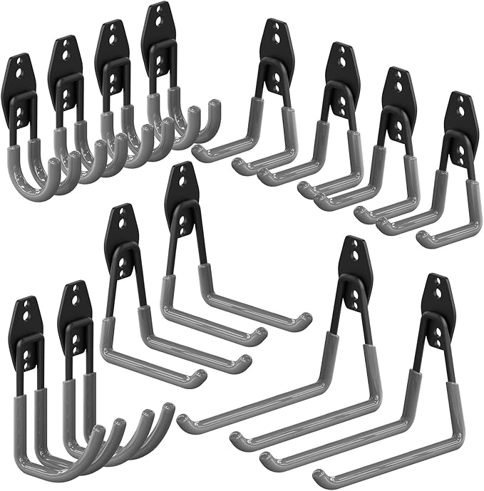 3-H Garage Wall Hooks 14 Pack,Garage Hooks Heavy Duty,Garage Storage Hooks for Hanging and Organizing Garden,Lawn,Yard Tools,Chairs,Ladders,Weed Eater,Shovel,Blower(Gray)