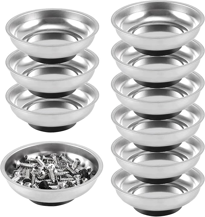 FUNSUEI 10 Packs 3 Inches Magnetic Tray, Stainless Steel Magnetic Bowl, Round Magnetic Parts Tray for Pins, Screws, Bolts, Nuts, Small Parts