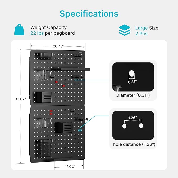 PEGZONE Pegboard Wall Organizer Combination Kit,Overall 33.1"x20.5" Metal Office Pegboard with 19 Accessories, Wall Mounted Peg board Display Panels for Home, Gaming Room, Garage (2Pcs,Black)
