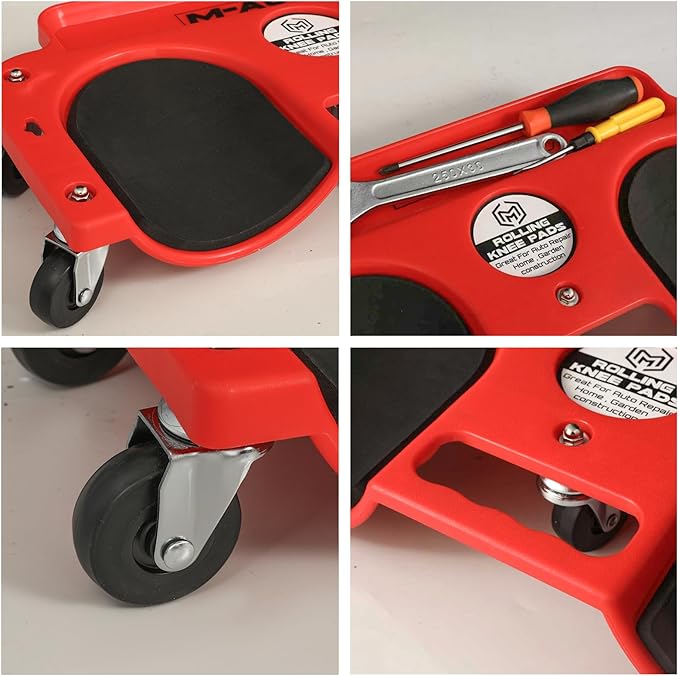 M-AUTO Rolling Knee Creeper Durable Knee Pads with Full 360 Degree Turn Casters and Tool Tray, Garage Kneeling Pads on Swivel Castors for Home Workshop Auto Repairing Maintaining, Red