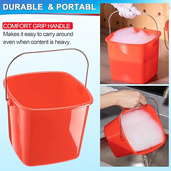 Zhehao 6 Pcs 3 Quart Bucket for Cleaning Small Sanitizer Bucket for Restaurant Square Plastic Pail with Handles for Home, Offices, Commercial Use, Food Service(Red)