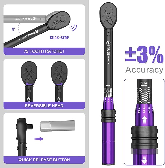 3/8 Inch Drive Click Torque Wrench, 5-45 Ft-Lb/6.8-61Nm, Dual Direction, ±3% Accuracy, 72 Tooth, Lightweight Aluminum Torque Wrench for Bicycle, Moto and Car Spark Plug Repair