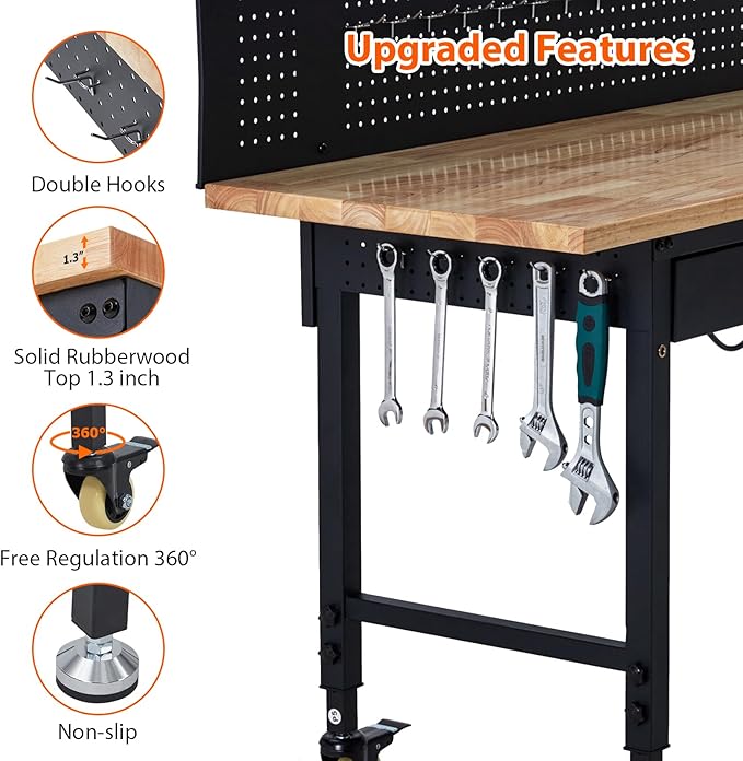 GarveeTech 60" Adjustable Height Workbench, Rubber Wood Tabletop Workbench with Pegboard, Storage Drawers, Rolling Work Table with Wheels, Power Outlet, 2000lbs Capacity, Garage Workbench for Workshop