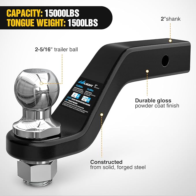 Nilight Forged Trailer Hitch Mount with 2-5/16-Inch Ball Fits 2 Inch Receiver Square 5/8" Hitch Pin Clip 15000 lbs 4" Drop, 1-1/4” Hole, Gloss Black Powder Coat