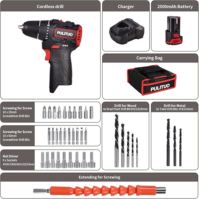 PULITUO Brushless Electric Drill Set,[Brushless Motor],12V Power Drill 310 In-lb Torque, 20+1 Clutch, 3/8" Keyless Chuck,45min Fast Charger, 2 Speed, LED Light for Home and DIY Project