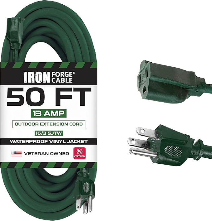 Iron Forge Cable Weatherproof 50 Ft Outdoor Extension Cord - 16/3 SJTW Heavy Duty Green Extension Cord Outdoor 3 Prong - 13 Amp Exterior Power Cable