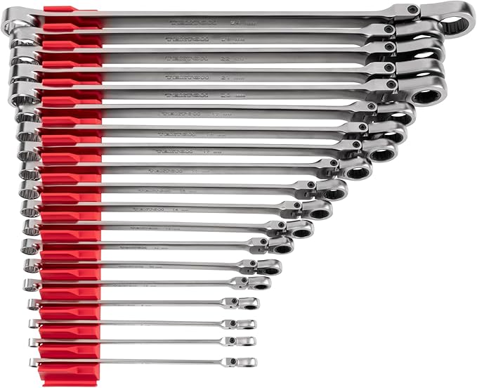 TEKTON Long Fixed/Flex Head 12-Point Ratcheting Box End Wrench Set with Modular Organizers, 19-Piece (6-24 mm) | WRB95304