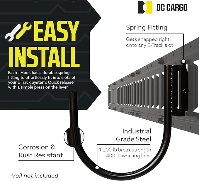 DC Cargo - E Track J Hooks (4.5" - 4 Pack) - Large Heavy Duty Accessories - Hanging Hook for Your ETrack Rail System - Use in Enclosed Trailers, Box Trucks, Vans, Garage, Workshop & Warehous
