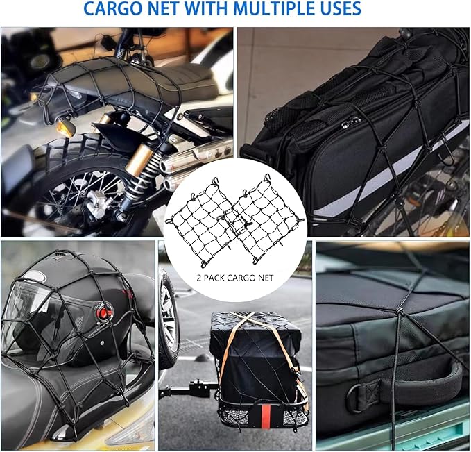 2 Pack Bike Cargo Net for Bike Tote and Basket, Cargo Netting for Bike Storage, 15.7” x 15.7”, Expandable Bungee Net with 6 Hooks, Bicycle Accessories, Black Color