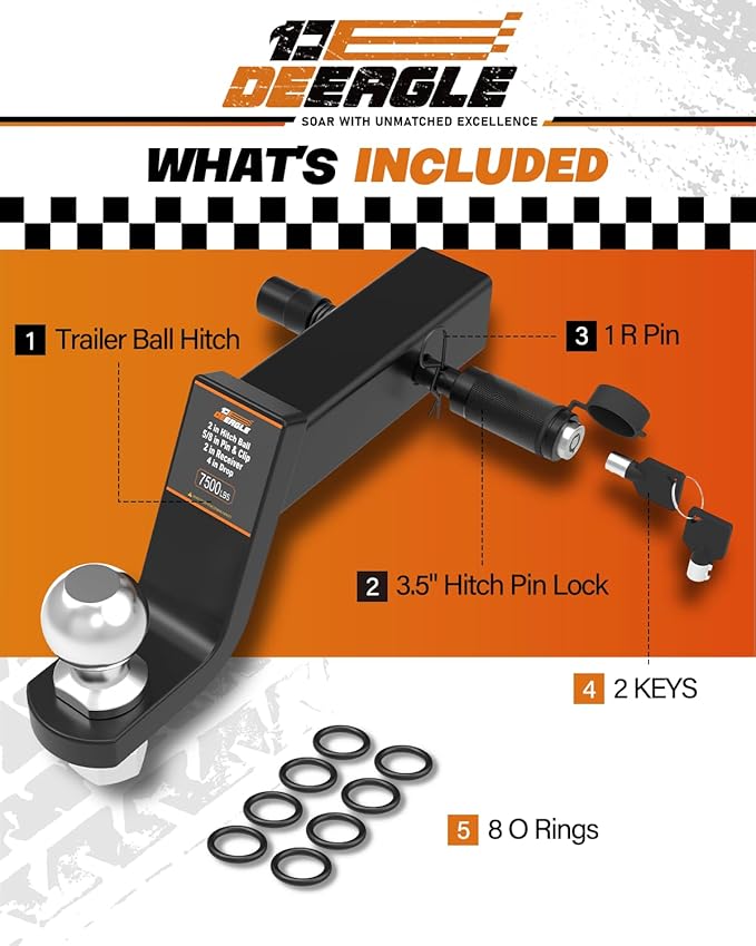 DEEAGLE 2 in Ball Hitch, Heavy Duty Steel Receiver Hitch with 3.5” Hitch Pin Lock, Fits 2 in Receiver, 7500lbs, 4 in Drop, 3 in Rise