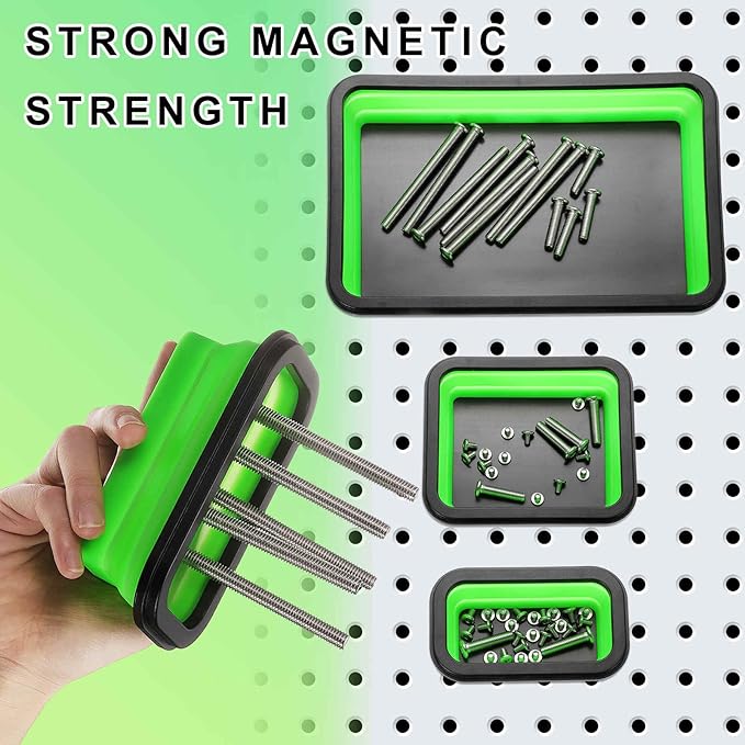 HARFINGTON 3pcs Collapsible Magnetic Parts Tray Set 3 Different Size Foldable Small Metal Parts Tool Tray Rectangle Silicone Bowls for Fixing Screw Bolts Nuts Washers Pins, Green