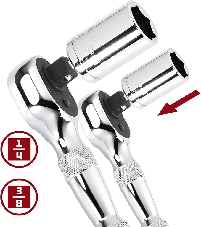 Powerbuilt 2 Piece 1/4-Inch and 3/8-Inch Stubby Ratchet Set, Quick-Release Reversible 72 Tooth, Tight Spaces, Mini Small Ratchet Wrench - 640927