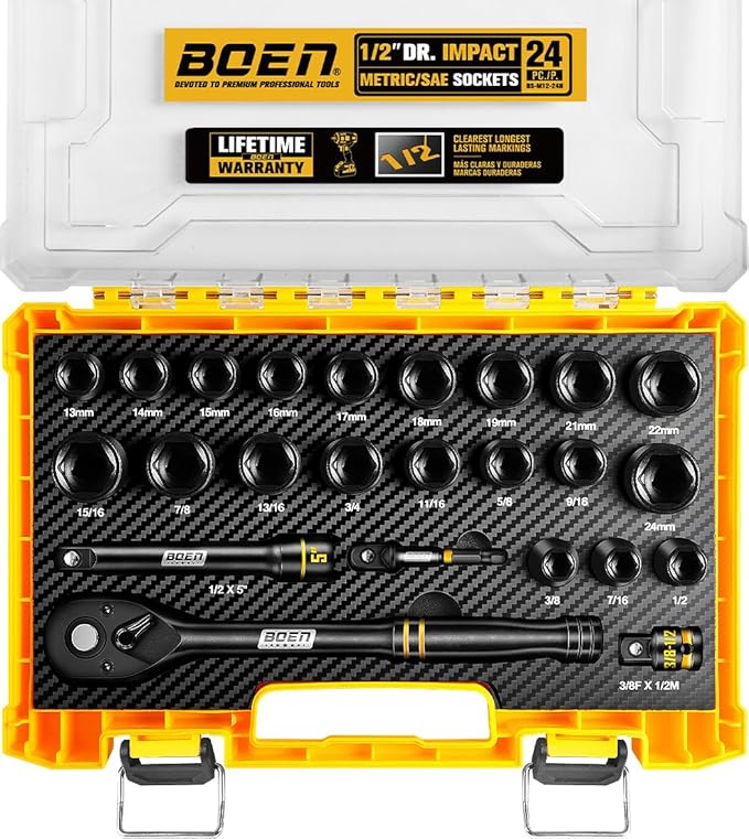 BOEN 1/2" Drive Impact Socket Set, 24-Piece Standard SAE (3/8" to 15/16") & Metric (10mm-24mm) Shallow Socket, 6-Point with Yellow Embossed Marking, Includes Adapters, Ratchet Wrench, Extension Bars