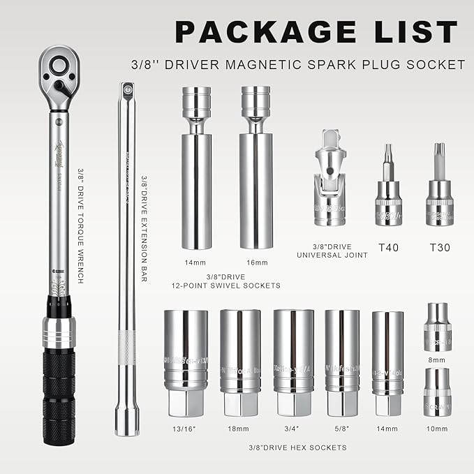 AEROFORCE 14PCS 3/8-Inch Drive Swivel Magnetic Spark Plug Socket Set with 3/8'' Torque Wrench (5-45 Lb.ft/6.8-61.2 Nm), Universal Joint & Extension Bar - Durable CR-V Steel for Easy Spark Plug Removal
