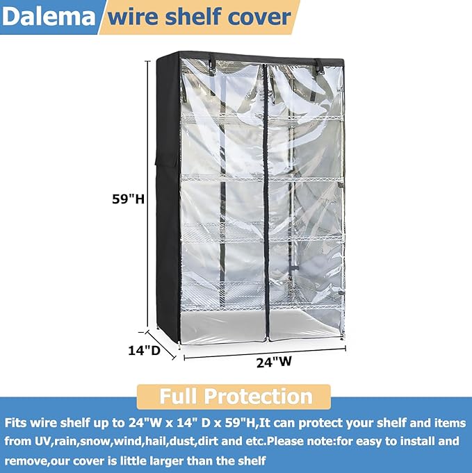 Waterproof Shelf Cover,Outdoor 600D Heavy Duty Dustproof Storage Shelves Cover,24''x14''x59'' Shelf Covers for Wire Shelving with Zippers,Storage Rack Covers with Clear Front