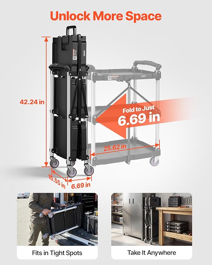 VEVOR Foldable Utility Service Cart, 165LBS 3 Shelf Heavy Duty Plastic Rolling Cart with 360° Swivel Wheels (2 with Brakes), Ergonomic Handle, Portable Garage Tool Cart for Warehouse Office Home