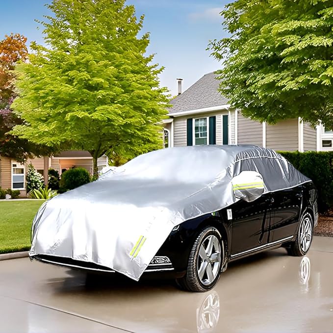 Half Car Cover with Cotton All Weather Car Body Cover Sunshade Cover Snow Cover Waterproof Snowproof Universal (Fit Sedan Length 176'' to 194'')