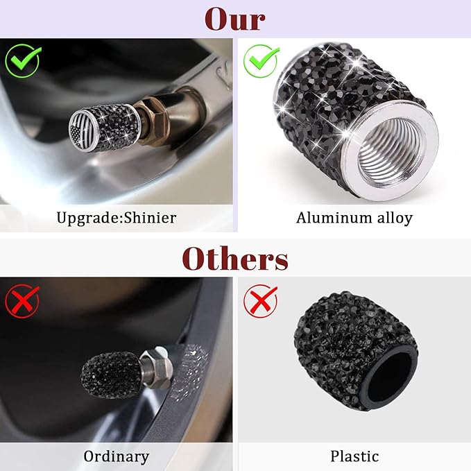 ToBeQueen Bling Black Flag Valve Stem Covers, 4 Pack Handmade Crystal Rhinestone Diamond Tire Caps Universal Dustprood Bling Flag car Accessories for Car/SUV/Motorcycle/Bike(Black American Flag)