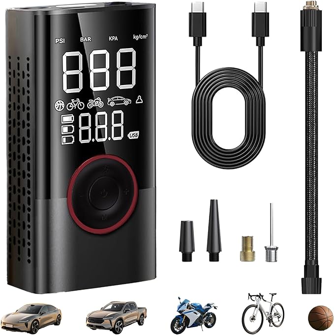 Tire Inflator, Cordless Tire Air Compressor with LED & 150PSI Digital Pressure Gauge, Portable Inflator for Car, Motorcycle, Bike & Sports Equipment, Black
