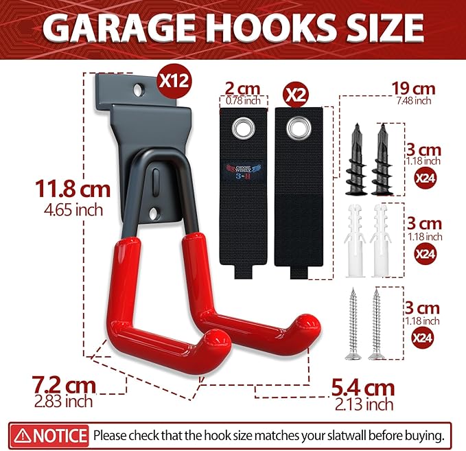 3-H Slat Wall Hooks 12 Pack 4.5 Inch U Shape,Heavy Duty Slot Board Hangers, Slat Wall Display Hooks for Garage Organization Retail Store Garden Tools Storage Panel Accessories (Red