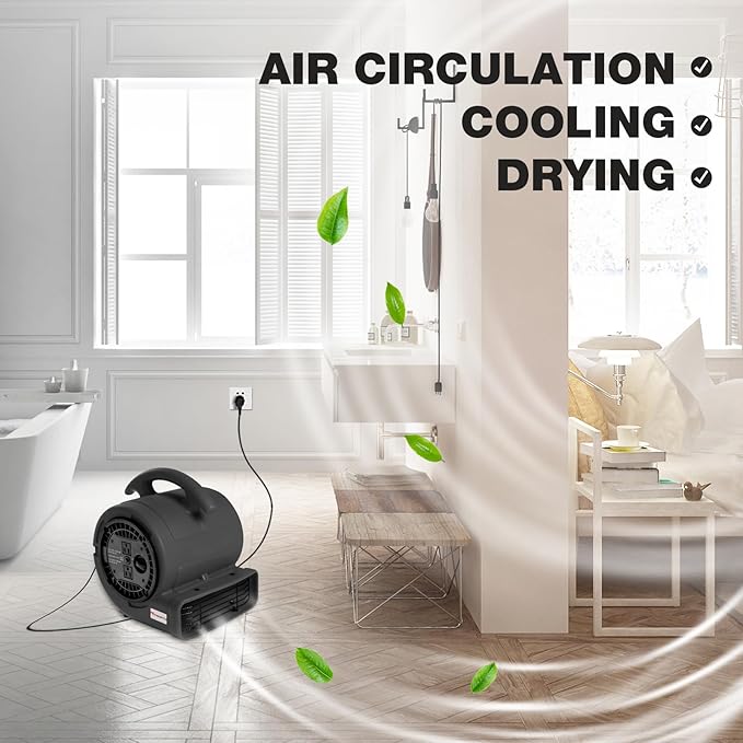 MOUNTO 1/5hp Air Mover 800cfm Blower Fan Carpet Floor Drying Fan - 3-Speed Compact Air Mover w/Dual Outlet, 10ft Power Cord for Drying, Cooling, Air Circulation (Black)