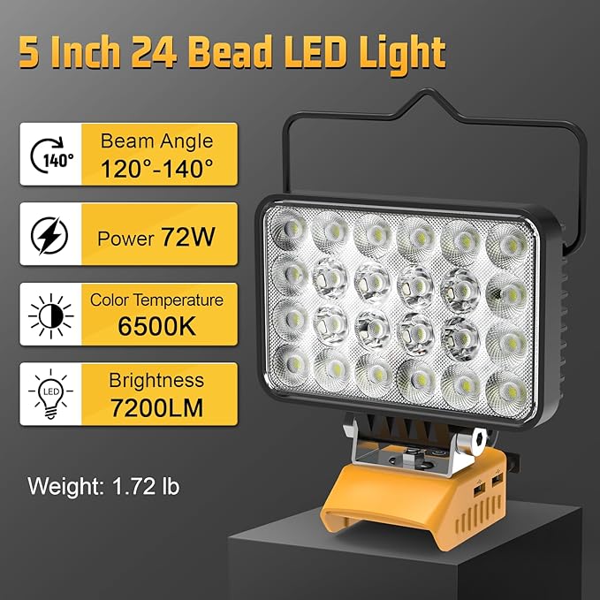 7200LM LED Work Light Compatible with Dewalt 20V Battery, 72W Cordless Floodlight with 2 USB, 1 Type-C Port, Upgraded LED Light Low Voltage Protection for Camping, Workshop, Emergency Adjustable 140°