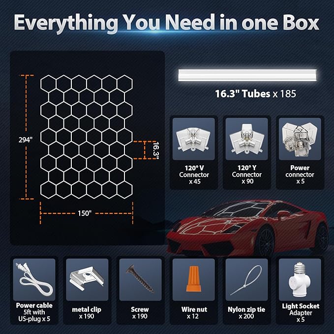 Hexagon Garage Lights: 1295W 185 Pack 50 Grids LED Garage Lights - Easy Install 6500K Super Bright Honeycomb Light for Warehouse, Car Detailing Shop, Exhibition Hall, Gym